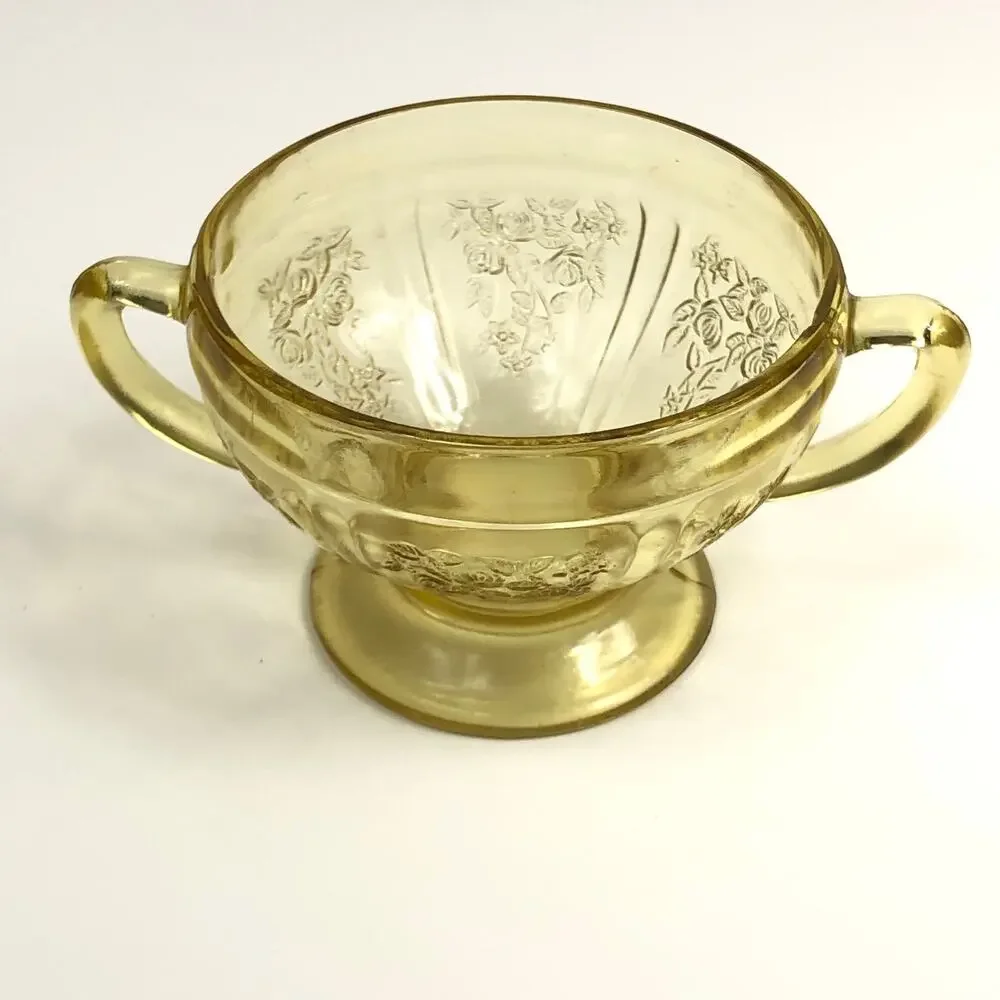Amber Federal Glass Depression Glass Sharon Cabbage Rose Open Sugar Bowl READ